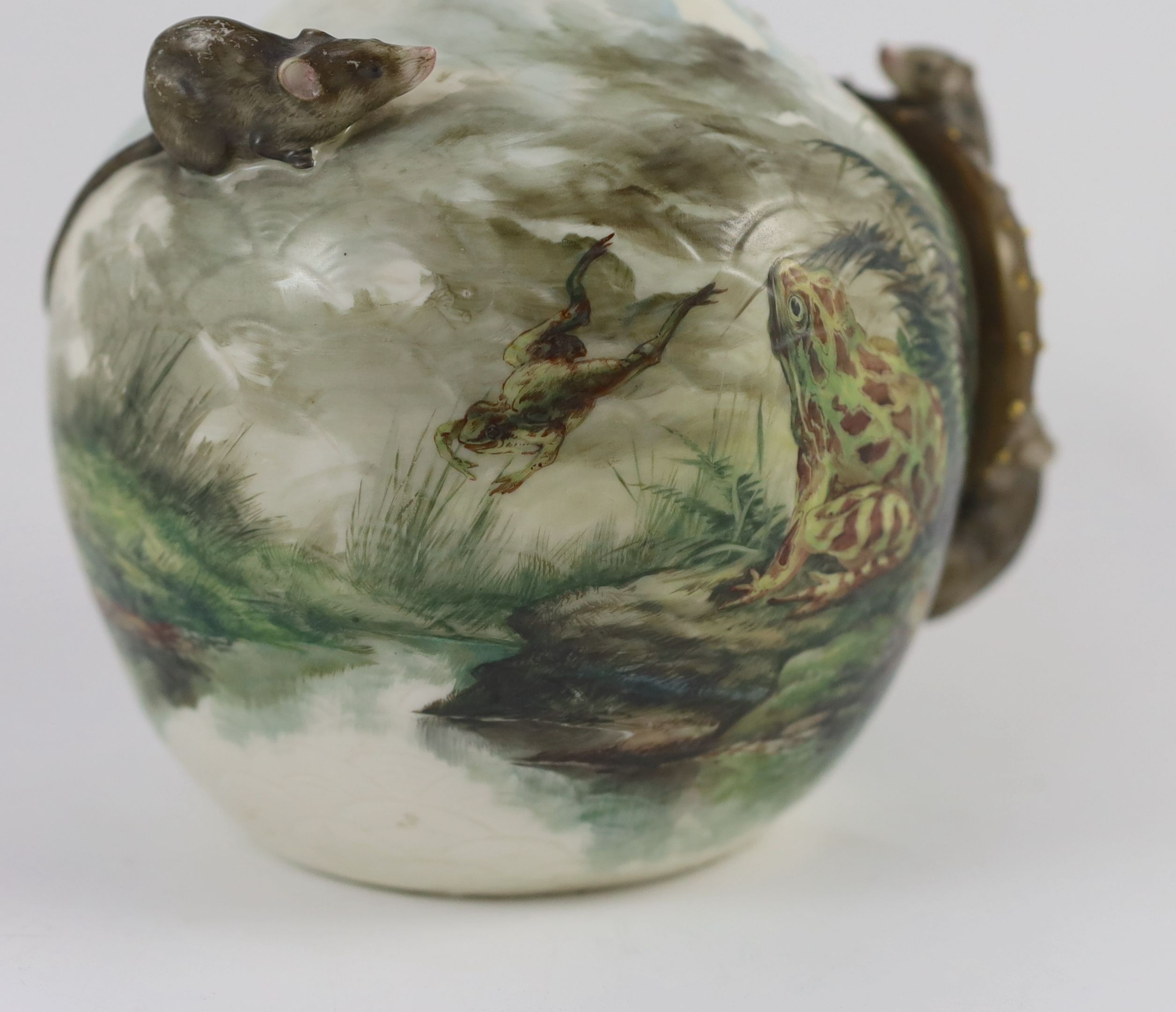 An unusual Royal Worcester ‘frog and mice’ ewer, c.1880, 29cm high
